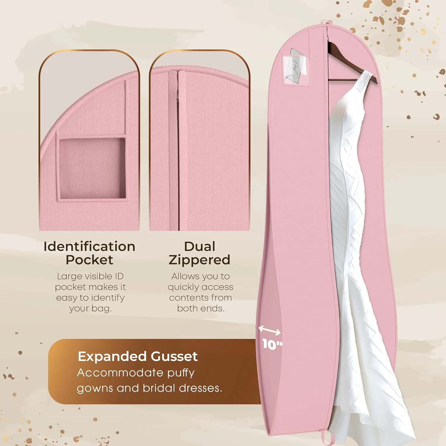 Your Bags Women’s Dress and Gown Garment Bag -72”x24” and 10” Tapered Gusset Prom Bags (Pink & White Dress Print)