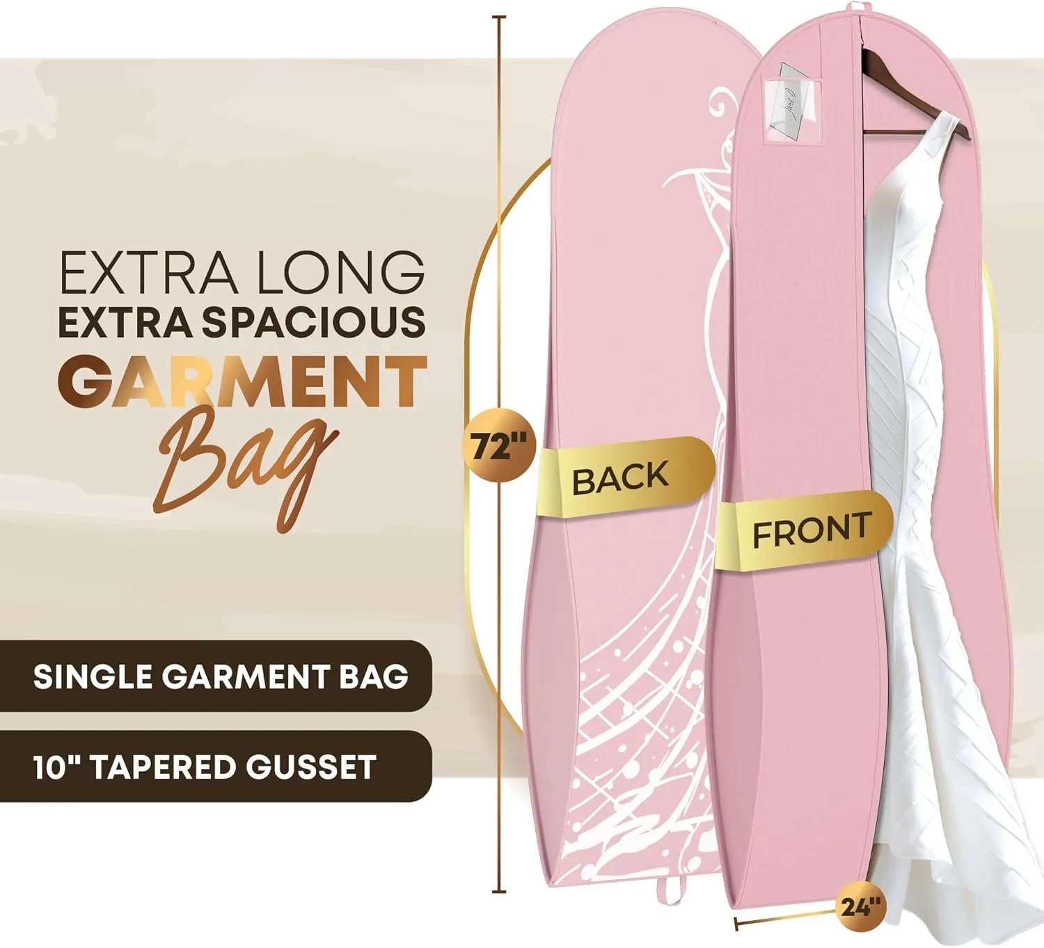 Your Bags Women’s Dress and Gown Garment Bag -72”x24” and 10” Tapered Gusset Prom Bags (Pink & White Dress Print)
