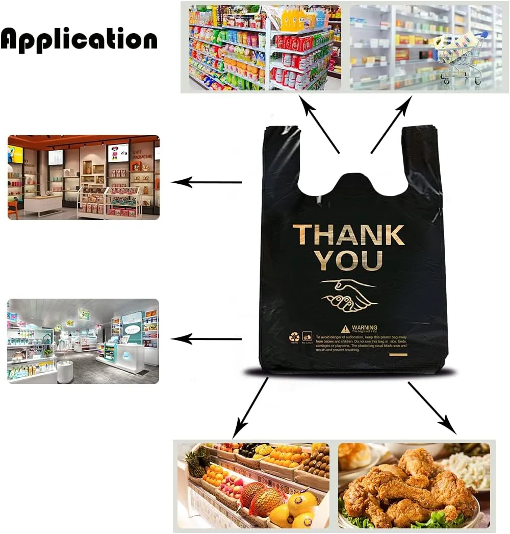 ysmile 500 pcs Thank You Plastic Grocery Bag T Shirt Bags for Small Business Store Restaurant Disposable Shopping Bag with Handle Bulk 12x19 Inch from Black
