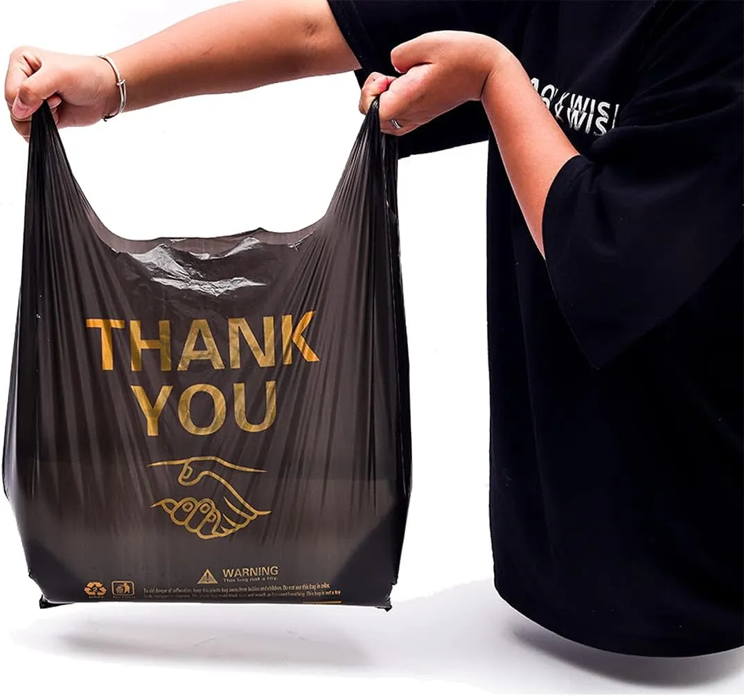 ysmile 500 pcs Thank You Plastic Grocery Bag T Shirt Bags for Small Business Store Restaurant Disposable Shopping Bag with Handle Bulk 12x19 Inch from Black