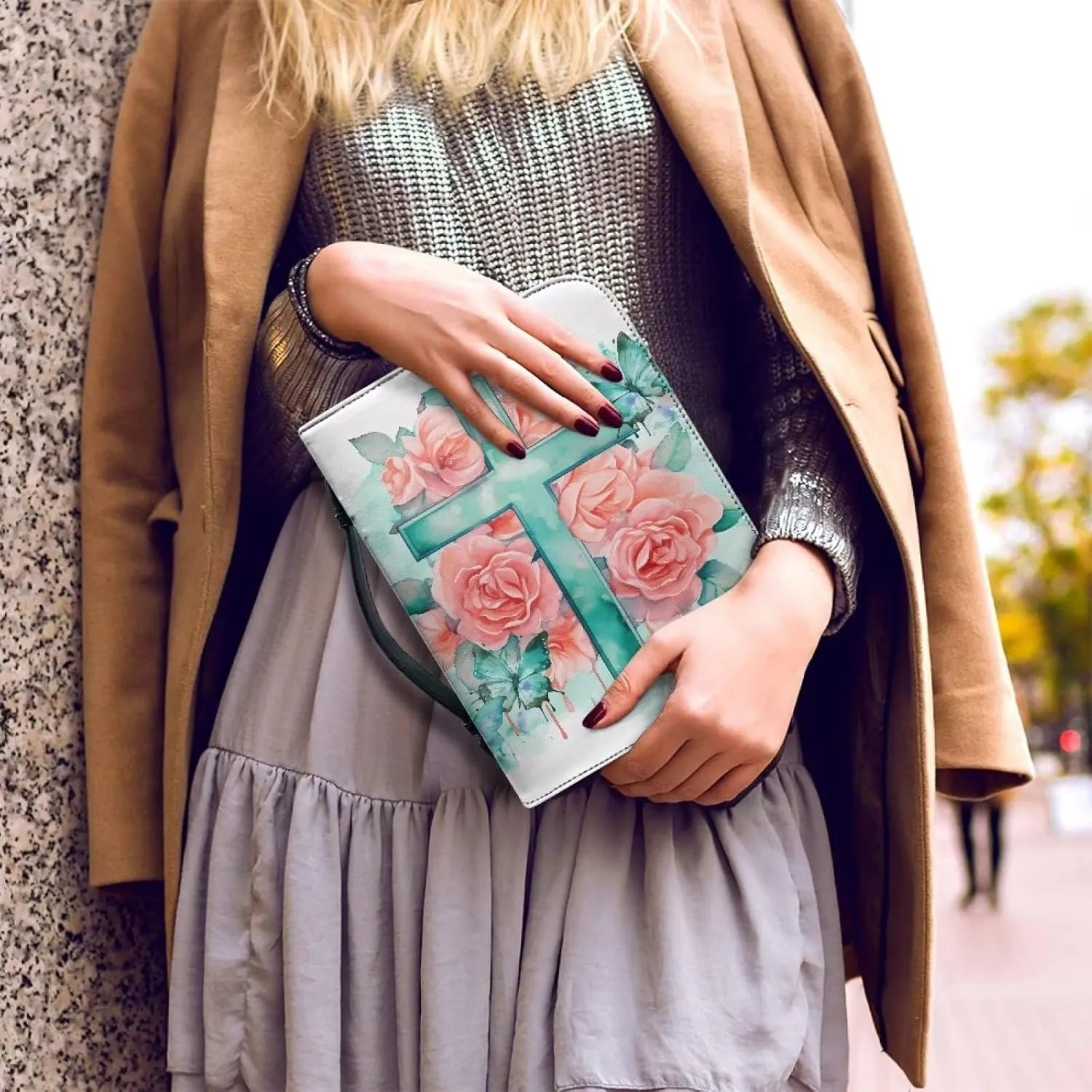 Yzaoxia Small to Large Size Bible Cover for Women Men Teal Floral Faith Cross PU Leather Bible Case Lightweight Bible Tote Bag Handbag with Zipper Pink Rose Flower Church Bag