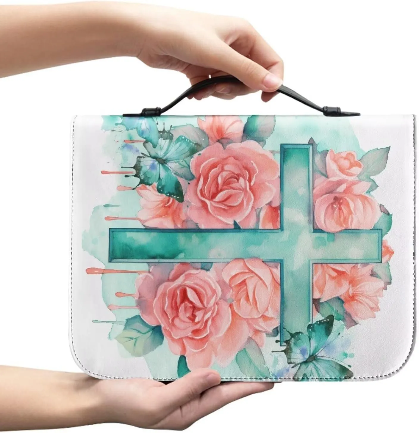 Yzaoxia Small to Large Size Bible Cover for Women Men Teal Floral Faith Cross PU Leather Bible Case Lightweight Bible Tote Bag Handbag with Zipper Pink Rose Flower Church Bag