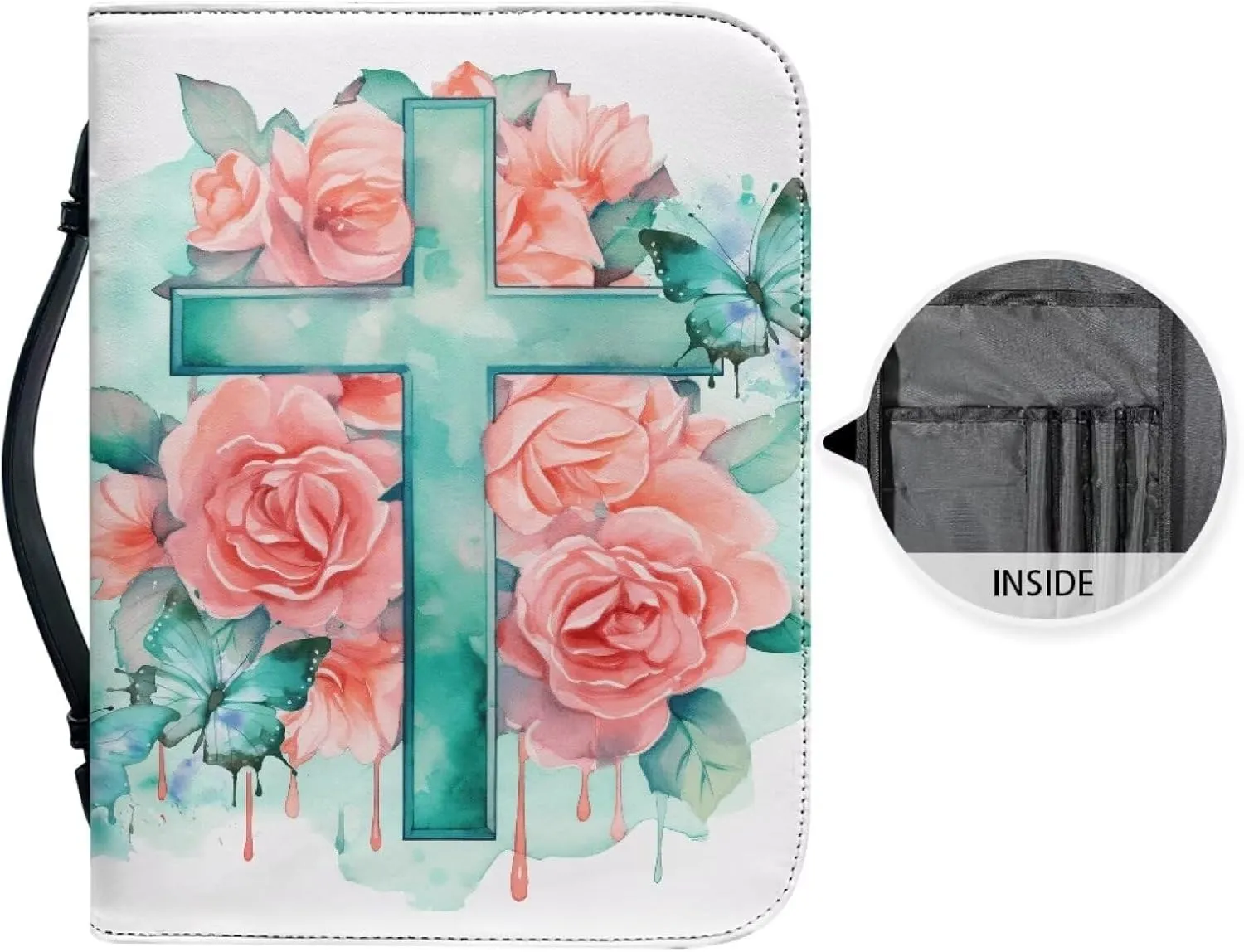 Yzaoxia Small to Large Size Bible Cover for Women Men Teal Floral Faith Cross PU Leather Bible Case Lightweight Bible Tote Bag Handbag with Zipper Pink Rose Flower Church Bag