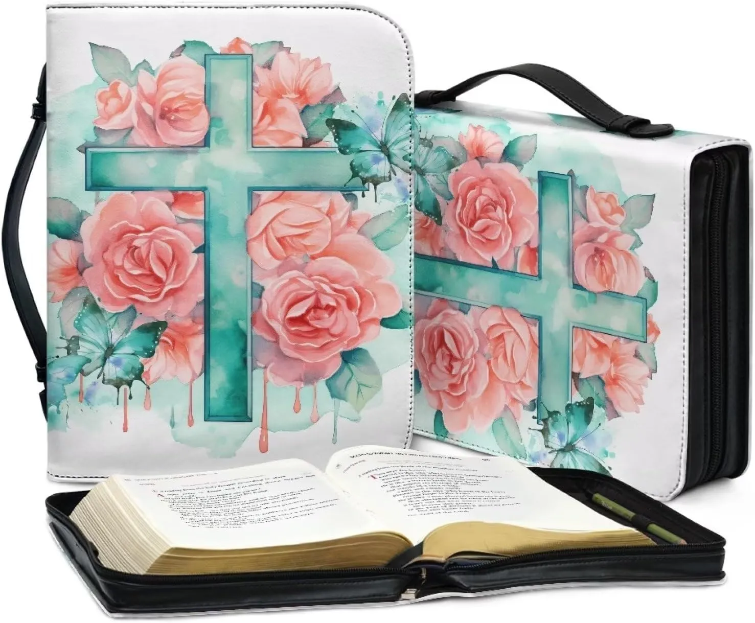 Yzaoxia Small to Large Size Bible Cover for Women Men Teal Floral Faith Cross PU Leather Bible Case Lightweight Bible Tote Bag Handbag with Zipper Pink Rose Flower Church Bag