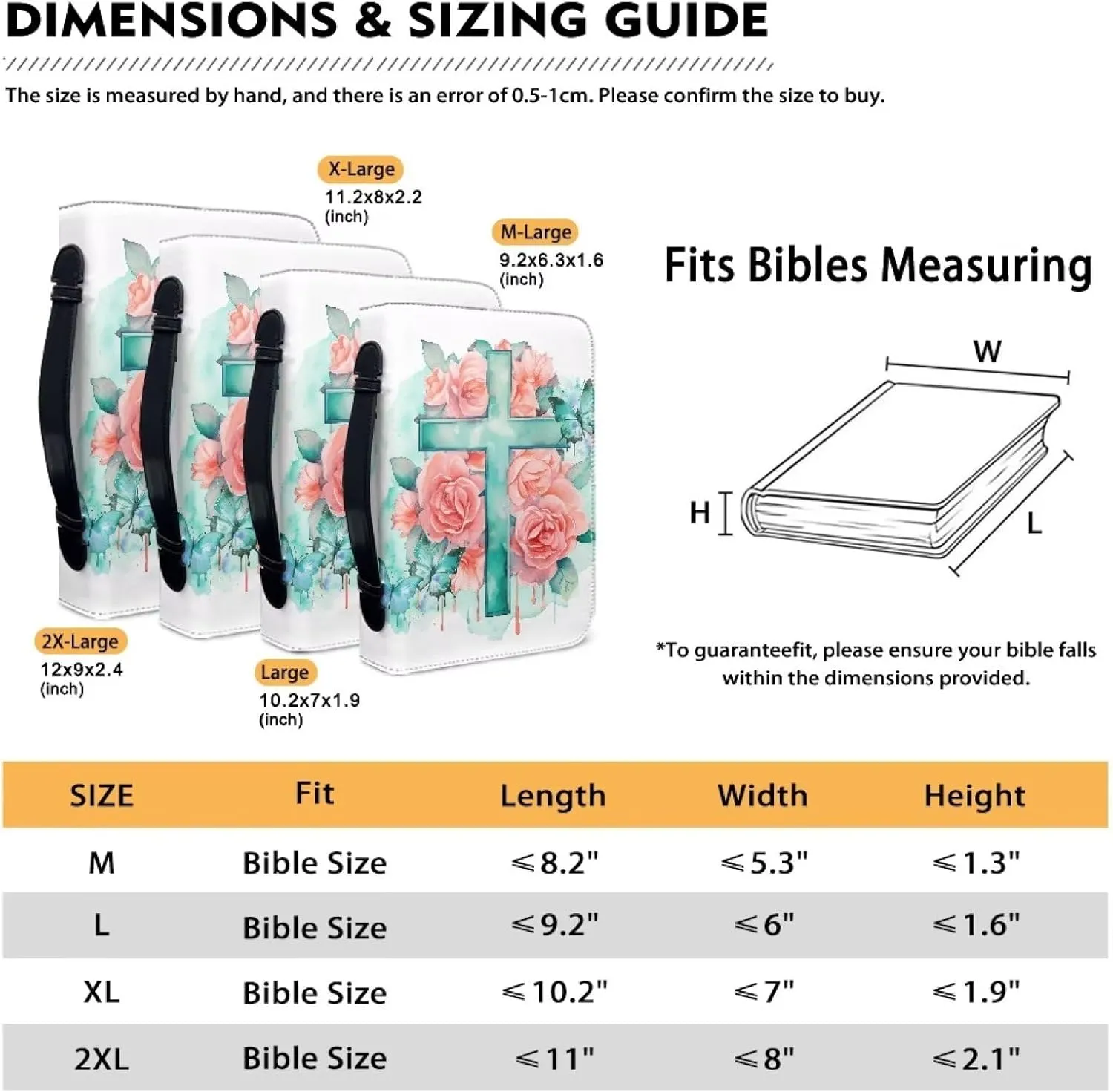 Yzaoxia Small to Large Size Bible Cover for Women Men Teal Floral Faith Cross PU Leather Bible Case Lightweight Bible Tote Bag Handbag with Zipper Pink Rose Flower Church Bag