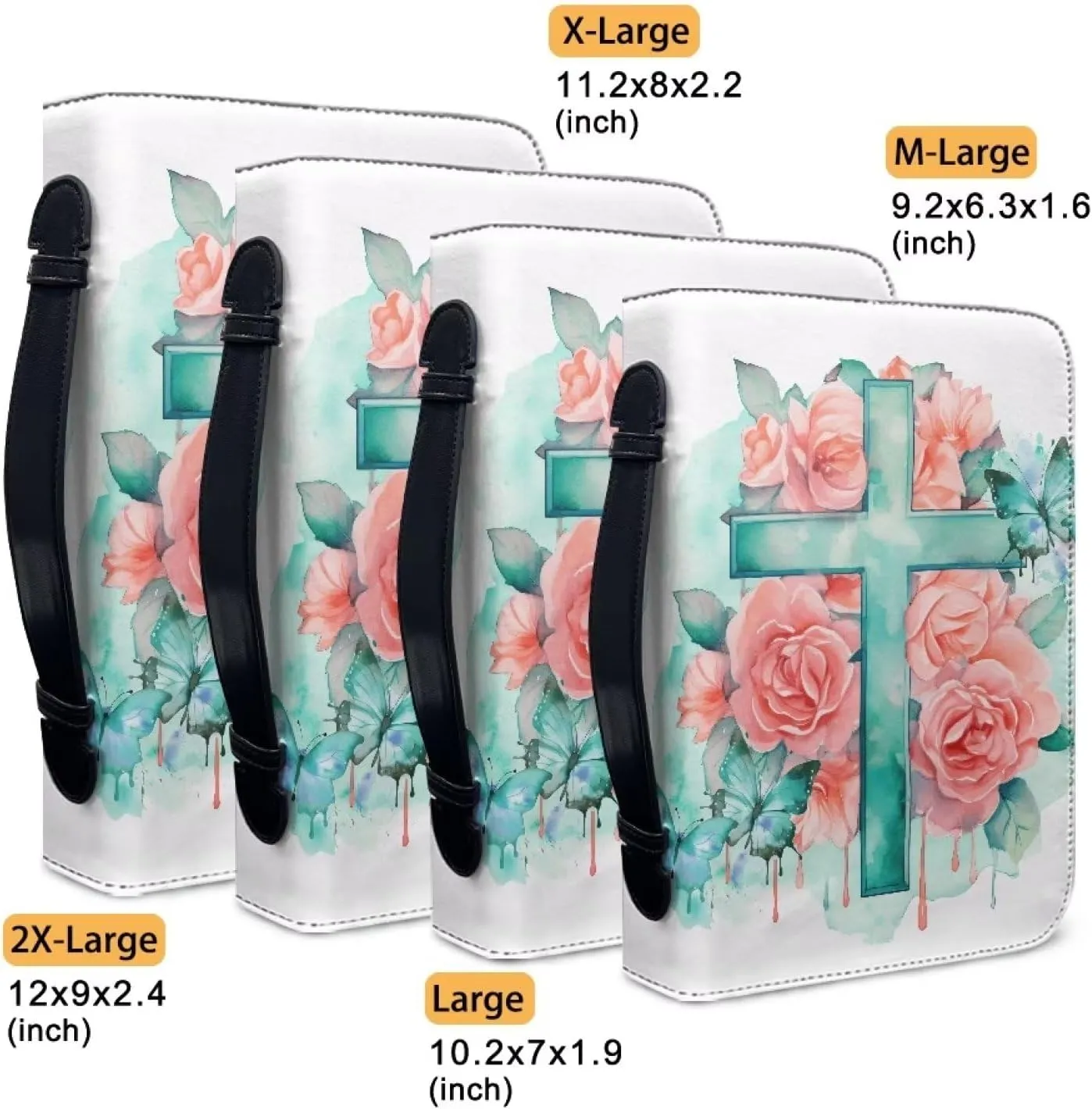 Yzaoxia Small to Large Size Bible Cover for Women Men Teal Floral Faith Cross PU Leather Bible Case Lightweight Bible Tote Bag Handbag with Zipper Pink Rose Flower Church Bag