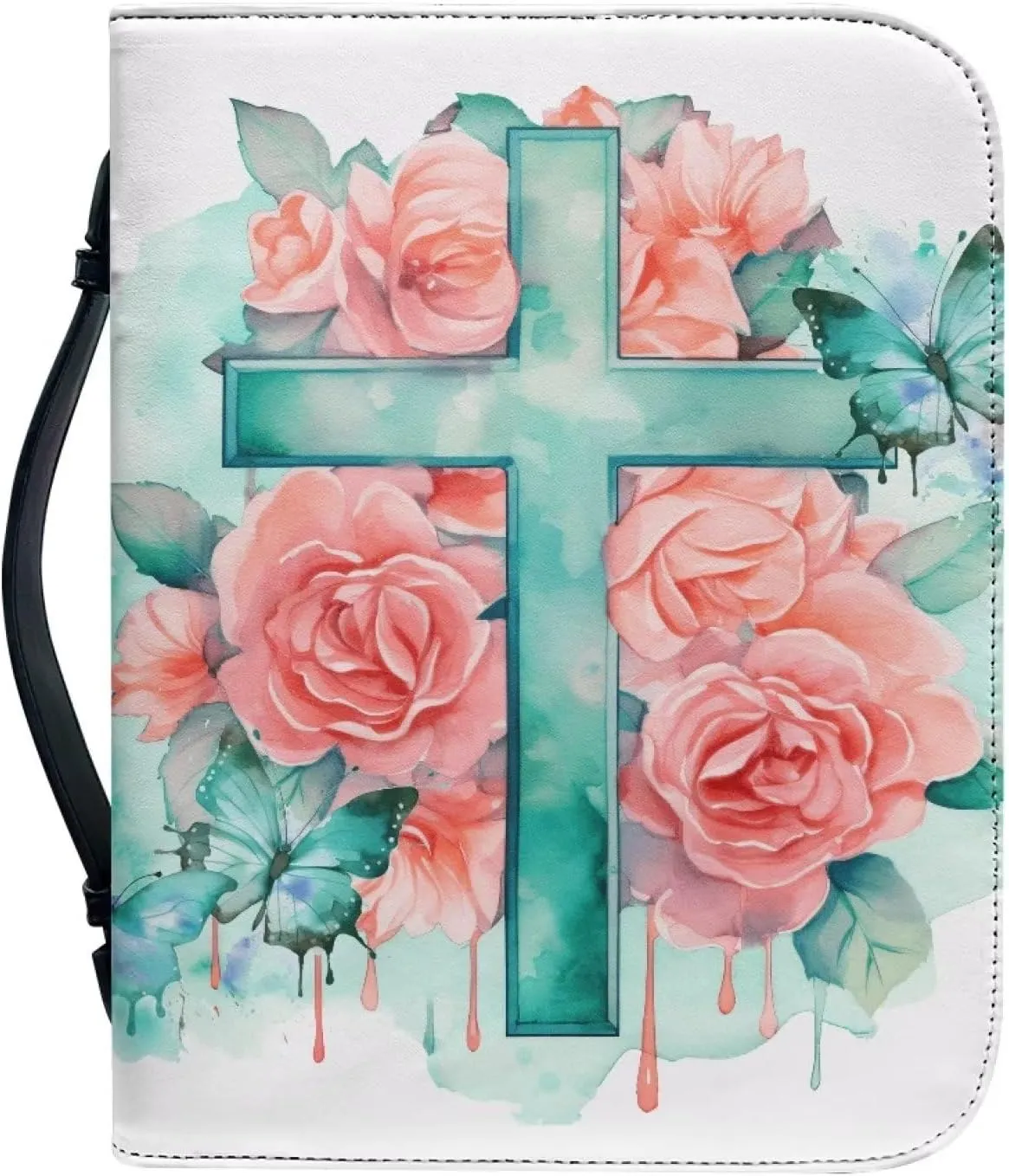 Yzaoxia Small to Large Size Bible Cover for Women Men Teal Floral Faith Cross PU Leather Bible Case Lightweight Bible Tote Bag Handbag with Zipper Pink Rose Flower Church Bag