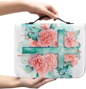 Yzaoxia Small to Large Size Bible Cover for Women Men Teal Floral Faith Cross PU Leather Bible Case Lightweight Bible Tote Bag Handbag with Zipper Pink Rose Flower Church Bag