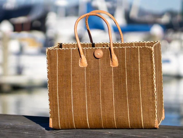 Zafran Pinstripes Straw Beach Bag, Tobacco