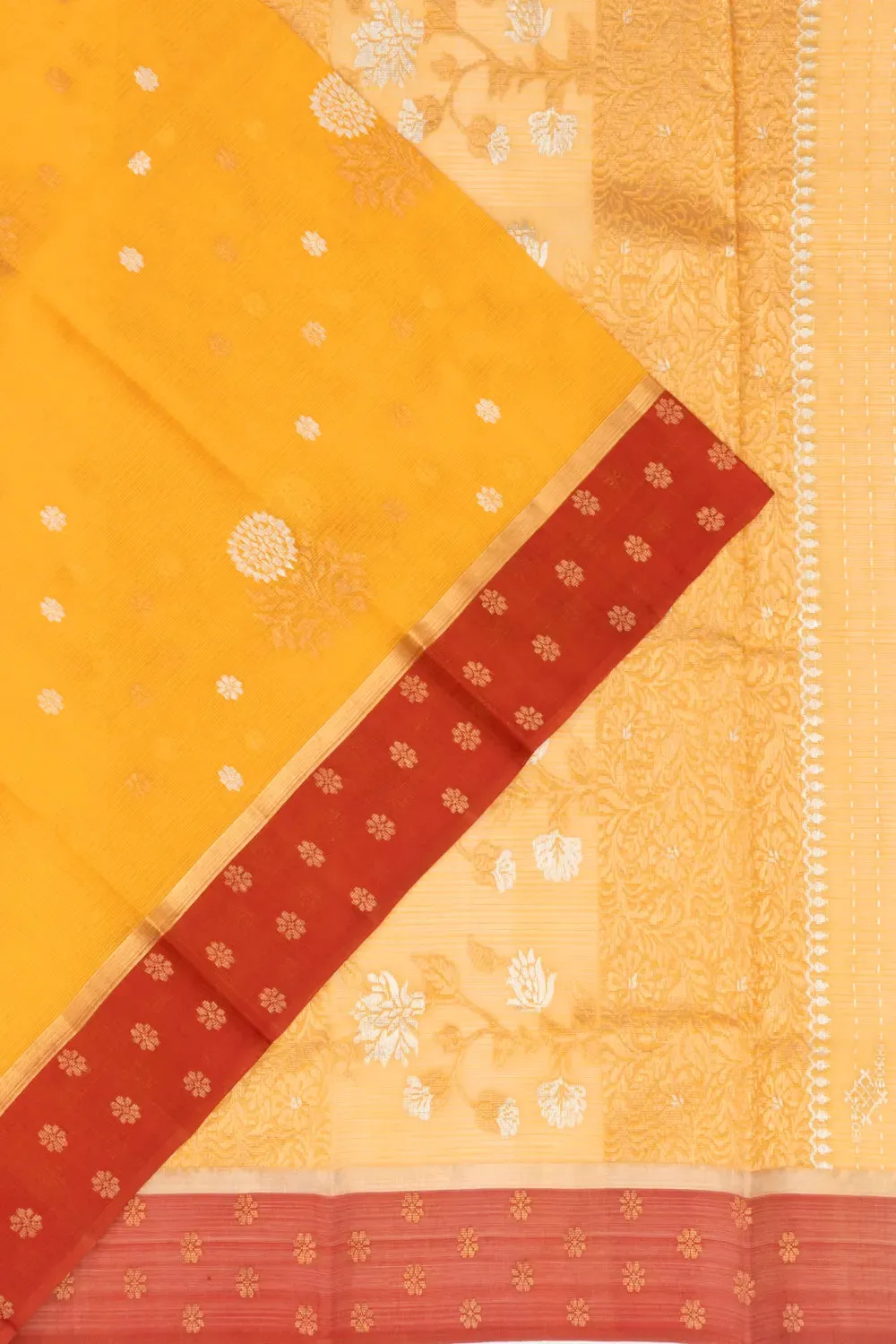 Zari Kota Cotton Butta Mustard Yellow Saree