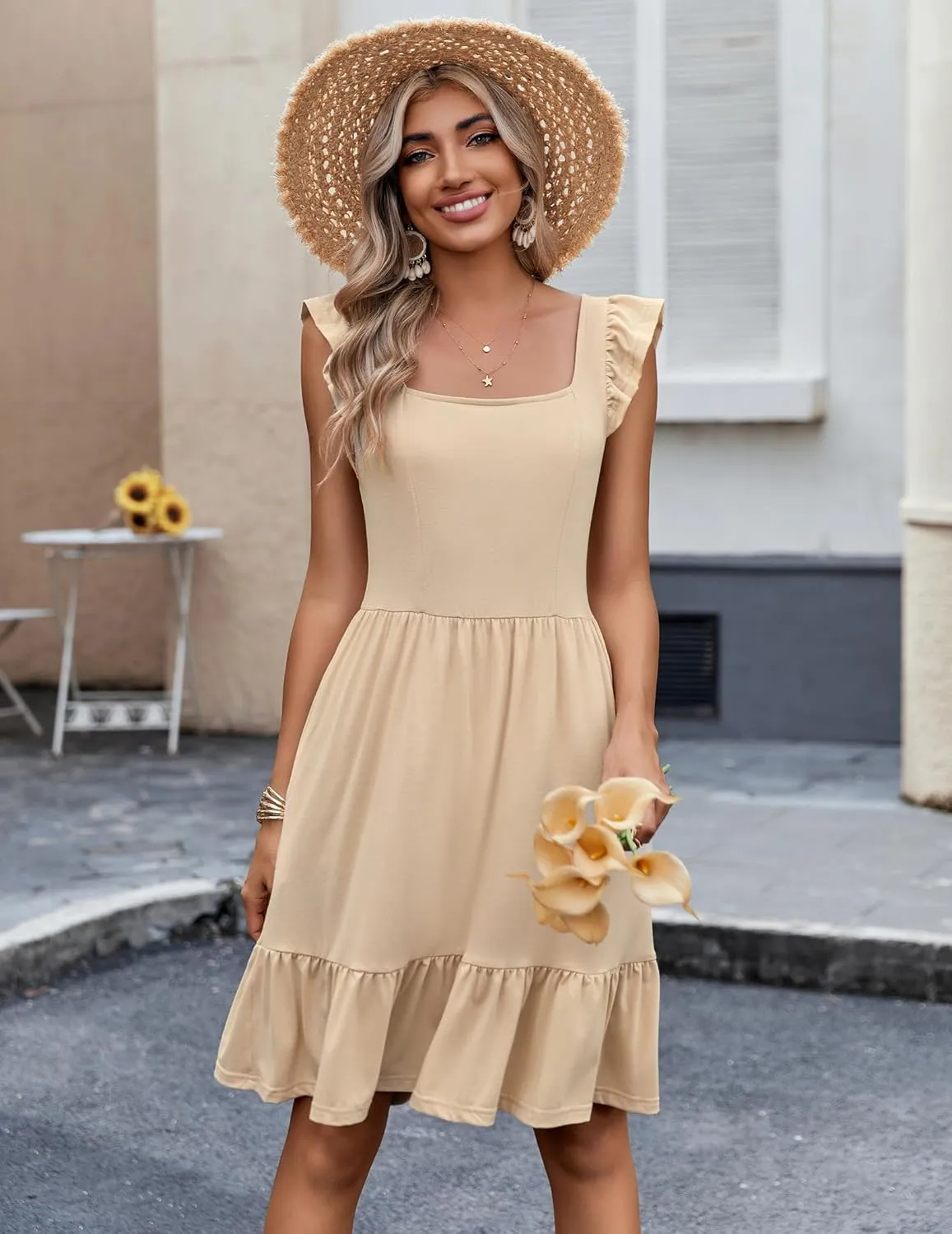 Zeagoo Womens Summer Dress Casual Ruffle Tiered Floral Square Neck Sundresses Beach Boho Mini A-line Dress 2025 with Pockets