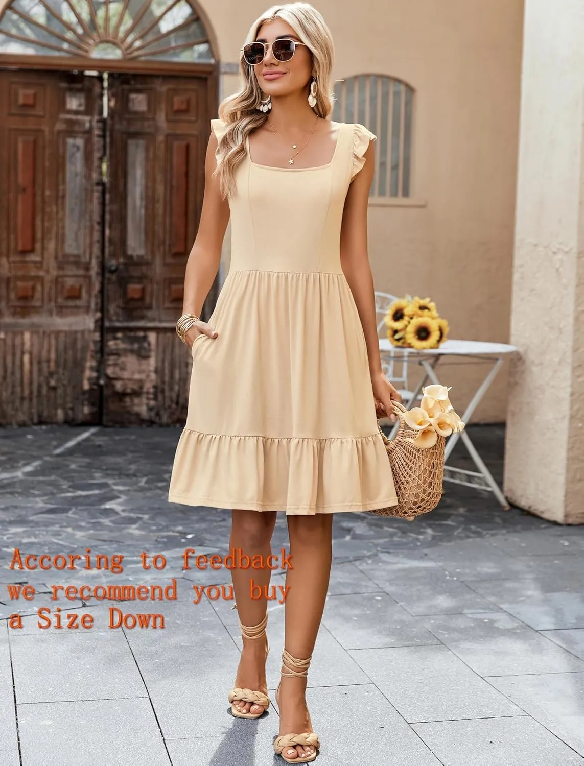 Zeagoo Womens Summer Dress Casual Ruffle Tiered Floral Square Neck Sundresses Beach Boho Mini A-line Dress 2025 with Pockets