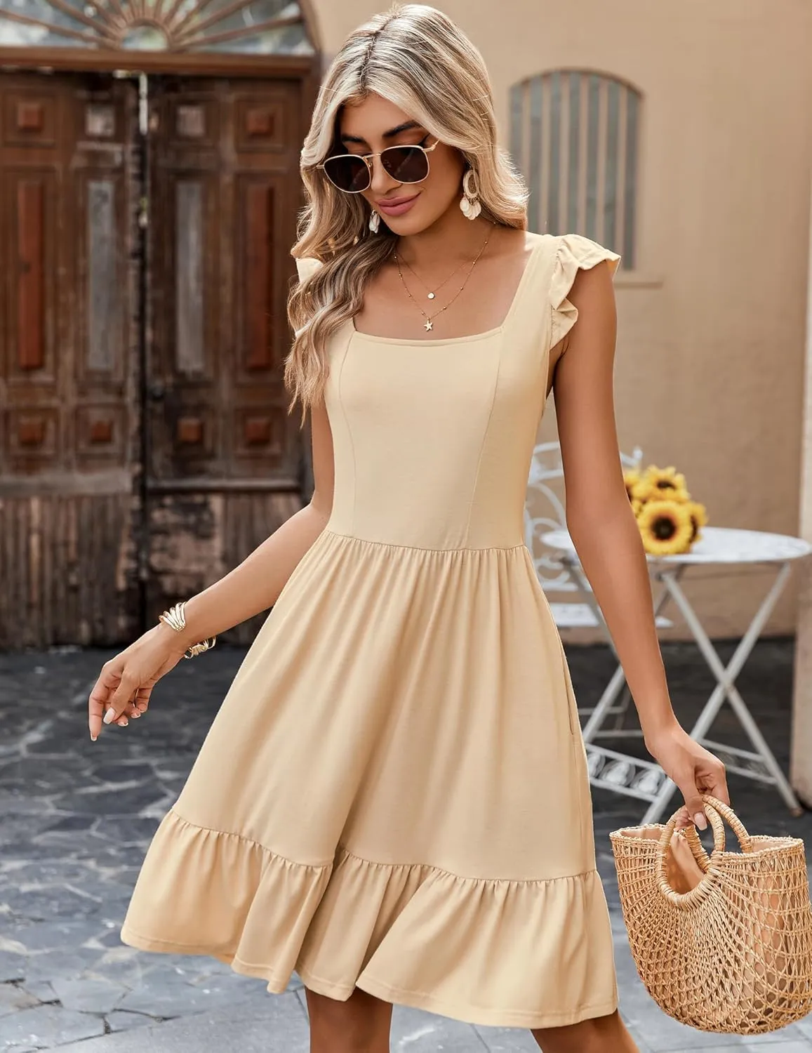 Zeagoo Womens Summer Dress Casual Ruffle Tiered Floral Square Neck Sundresses Beach Boho Mini A-line Dress 2025 with Pockets