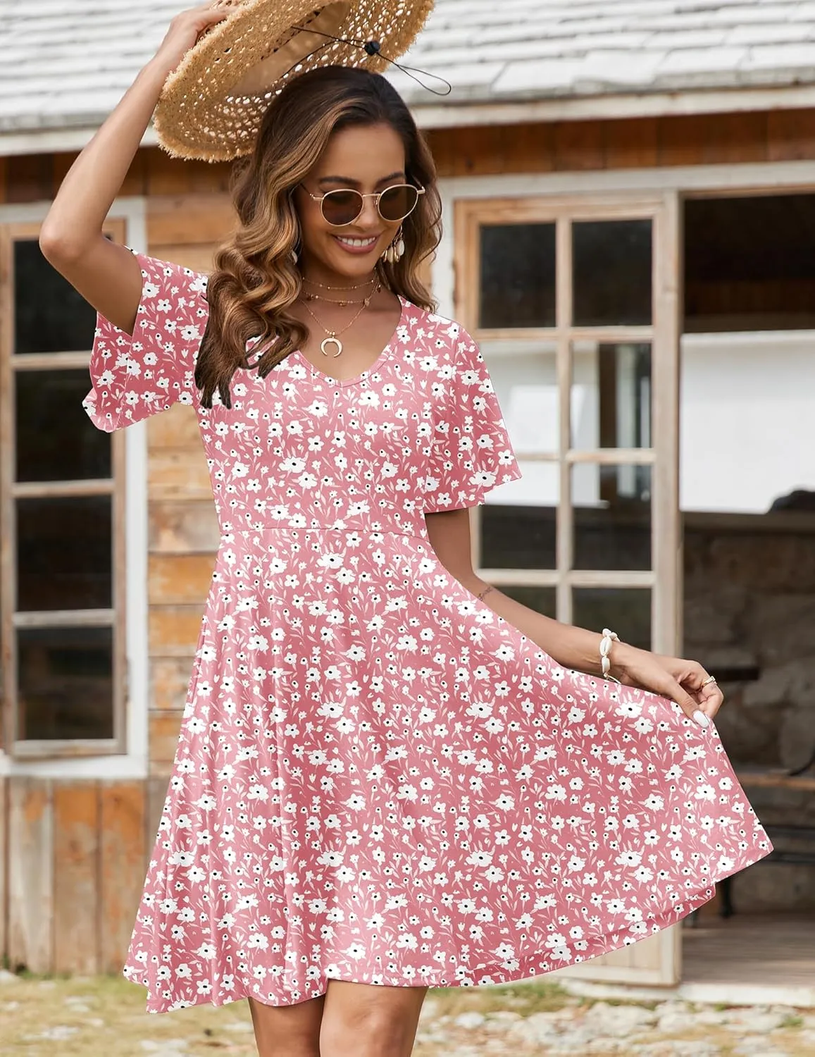 Zeagoo Womens Summer Dress Casual Swing Floral Ruffle Short Sleeve Sundresses Beach Mini A-line Shift Dress 2025 with Pockets