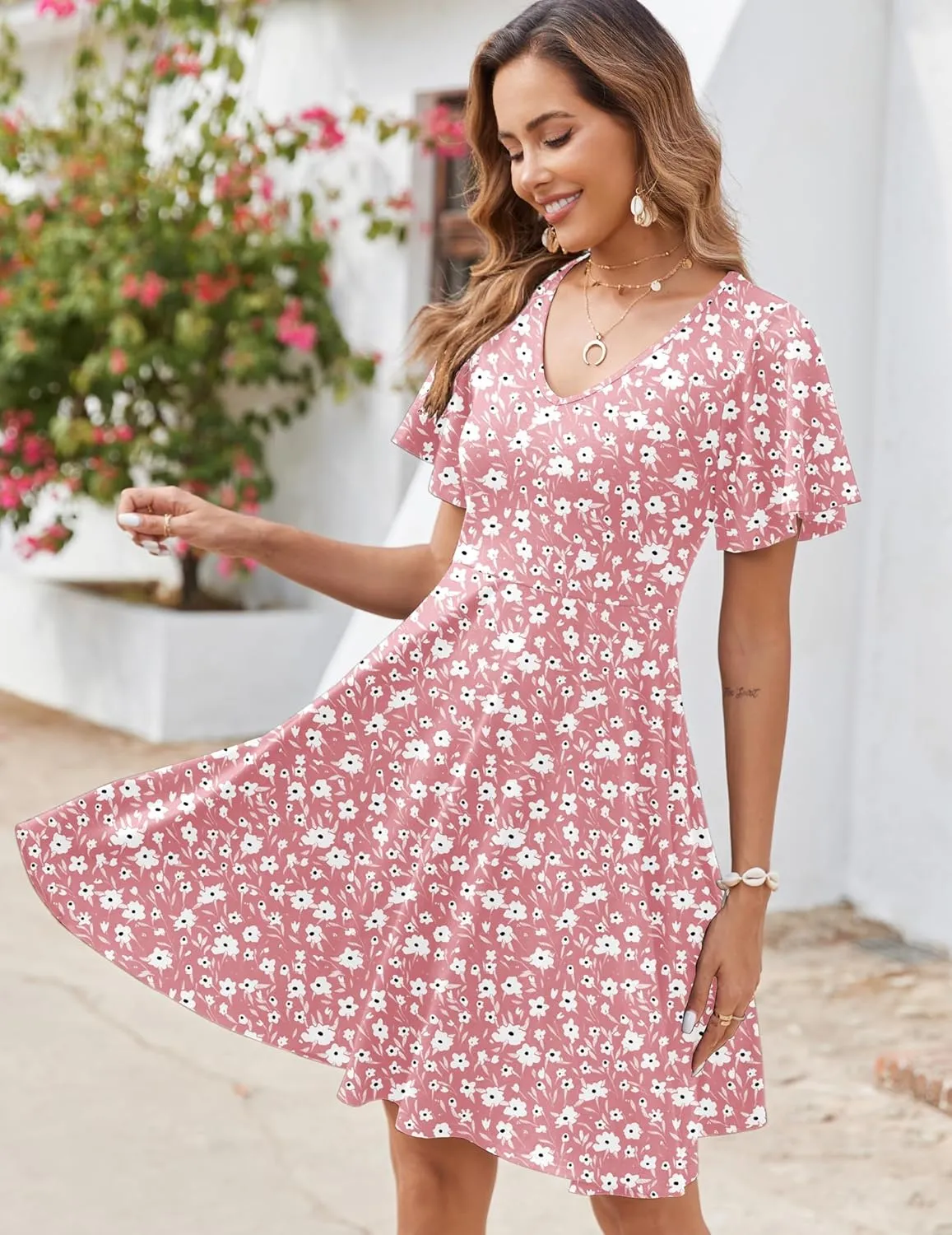 Zeagoo Womens Summer Dress Casual Swing Floral Ruffle Short Sleeve Sundresses Beach Mini A-line Shift Dress 2025 with Pockets