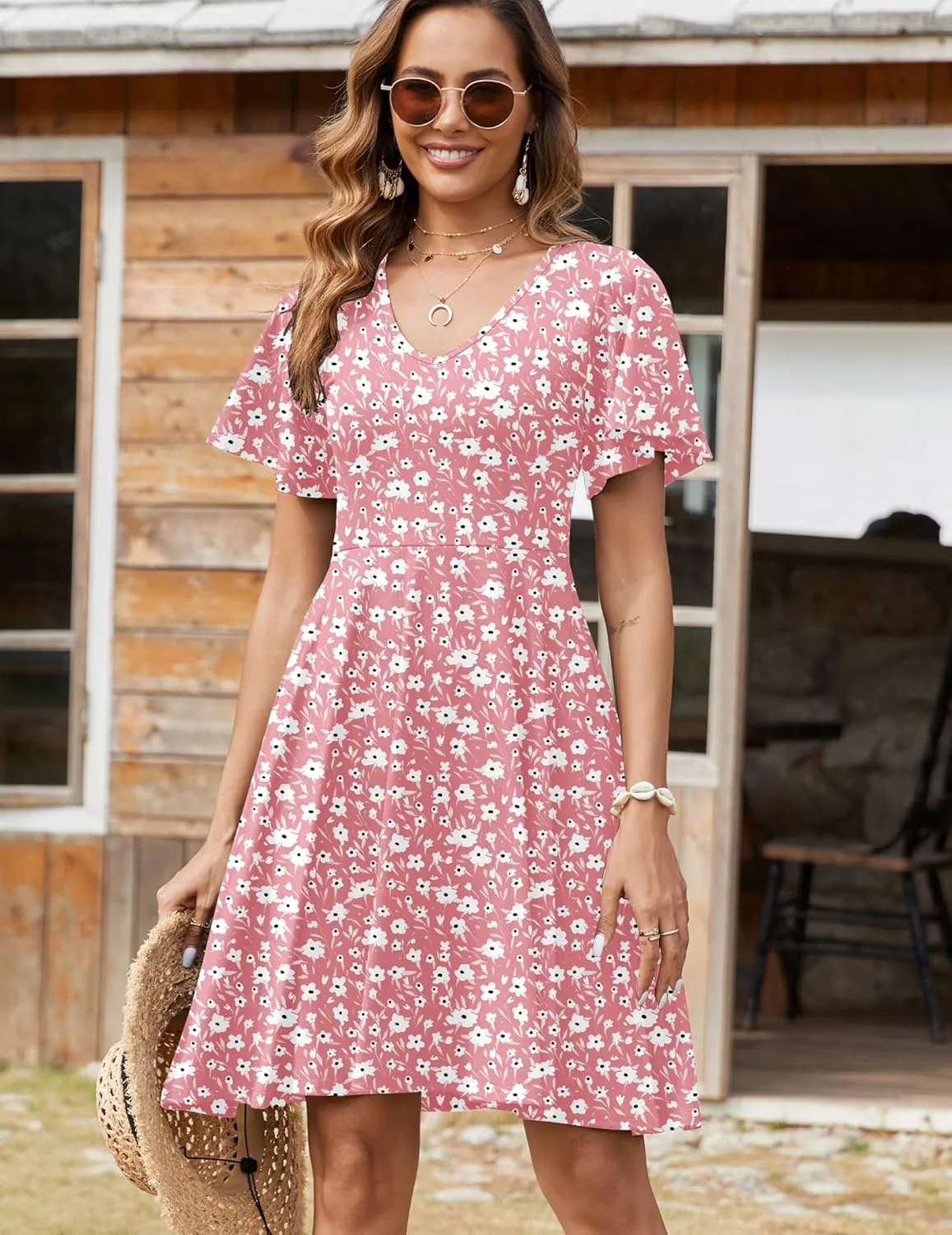 Zeagoo Womens Summer Dress Casual Swing Floral Ruffle Short Sleeve Sundresses Beach Mini A-line Shift Dress 2025 with Pockets