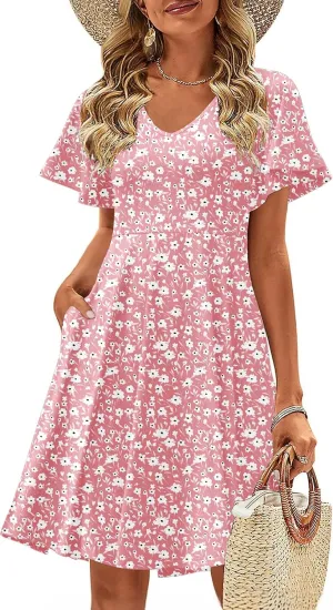 Zeagoo Womens Summer Dress Casual Swing Floral Ruffle Short Sleeve Sundresses Beach Mini A-line Shift Dress 2025 with Pockets
