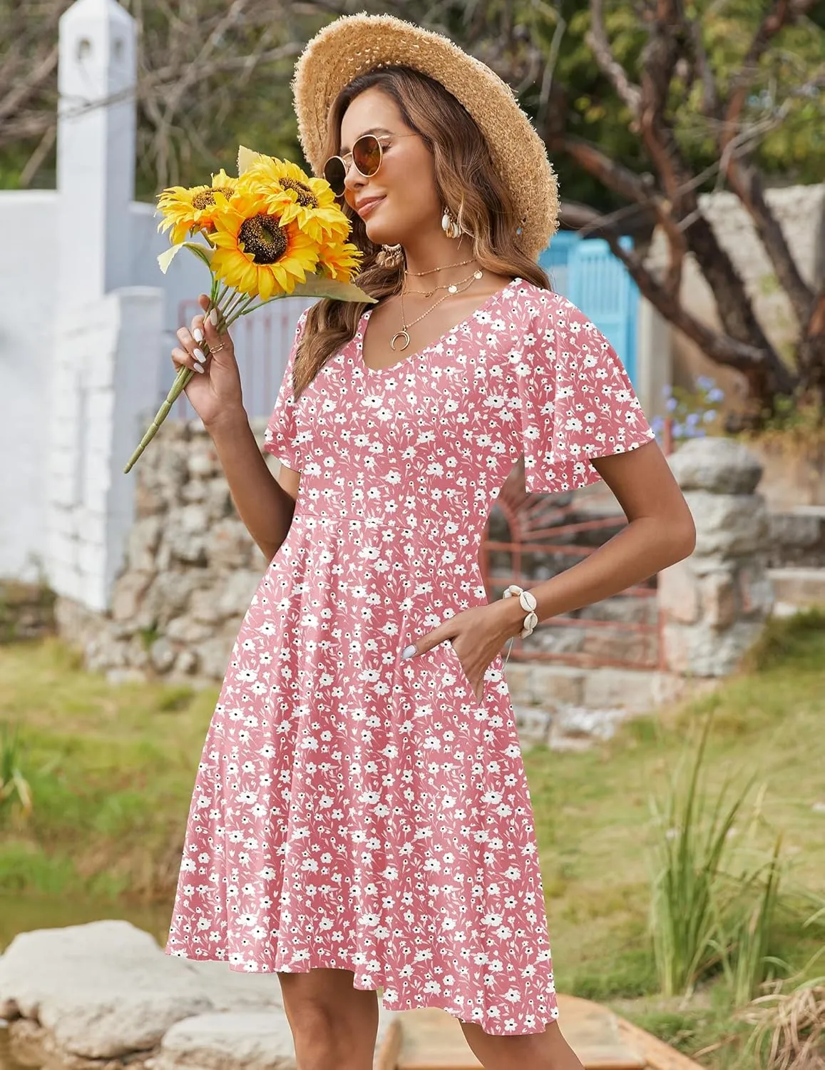 Zeagoo Womens Summer Dress Casual Swing Floral Ruffle Short Sleeve Sundresses Beach Mini A-line Shift Dress 2025 with Pockets
