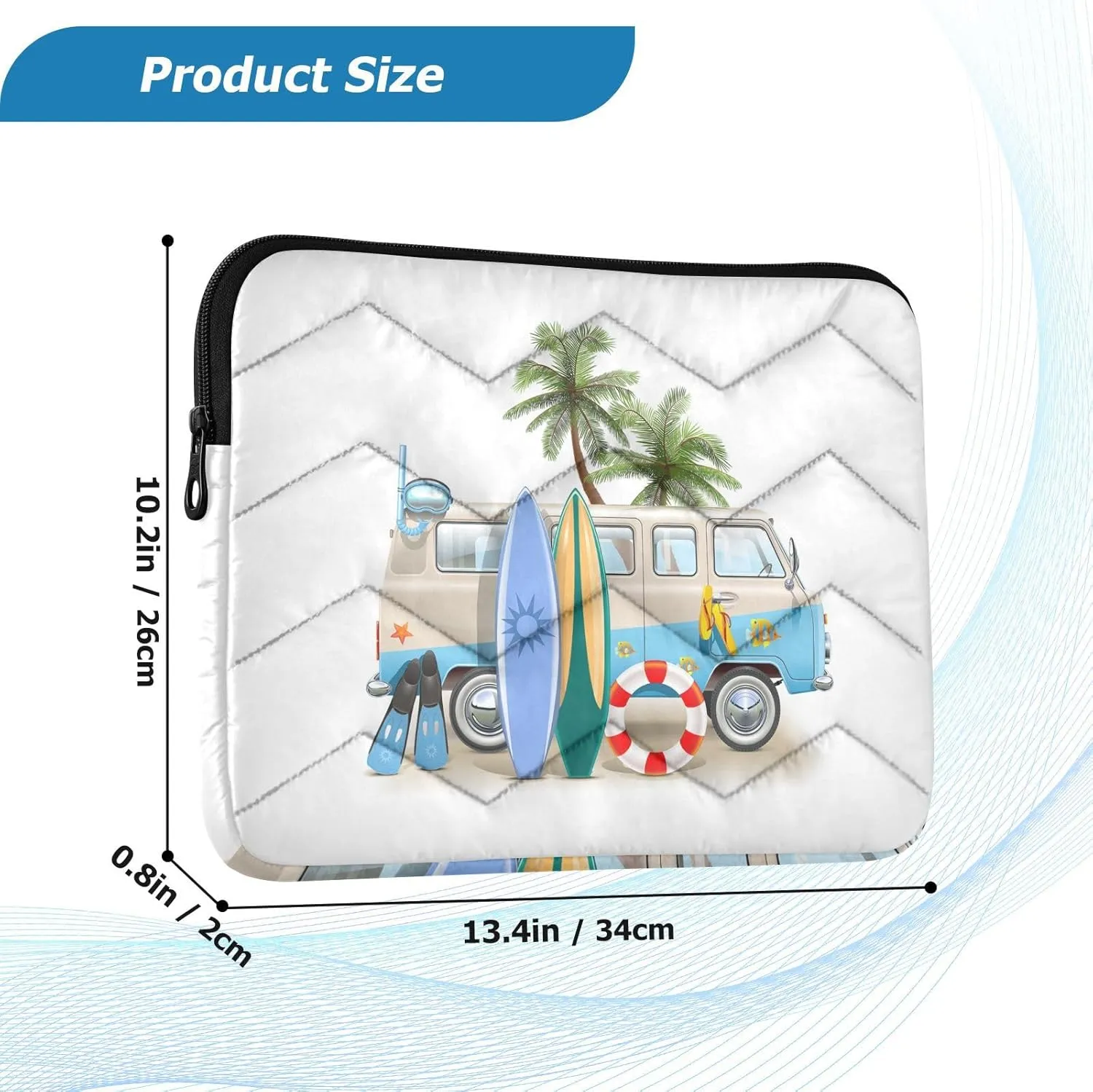 Zipper Laptop Messenger Bag, Case Sleeve Suitable for 13 in to 14 in Notebook Bag, Shoulder Strap Tablet Briefcase Print Surfing Van Trip Camper Bus Palm Tree Surfboard