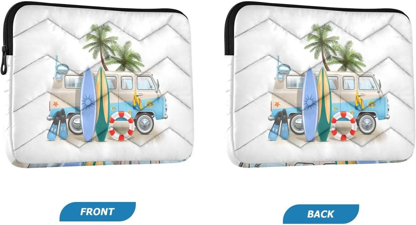 Zipper Laptop Messenger Bag, Case Sleeve Suitable for 13 in to 14 in Notebook Bag, Shoulder Strap Tablet Briefcase Print Surfing Van Trip Camper Bus Palm Tree Surfboard