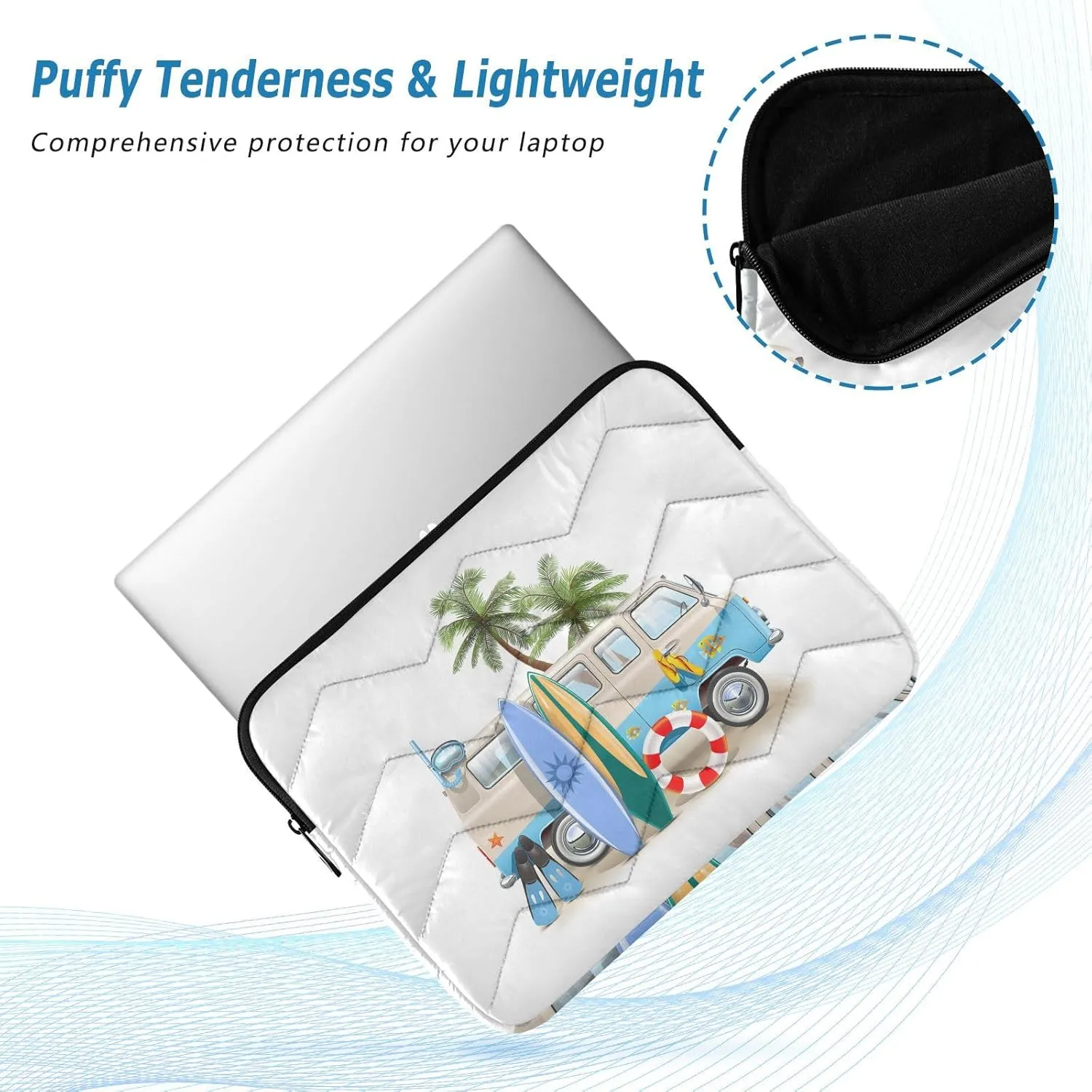 Zipper Laptop Messenger Bag, Case Sleeve Suitable for 13 in to 14 in Notebook Bag, Shoulder Strap Tablet Briefcase Print Surfing Van Trip Camper Bus Palm Tree Surfboard