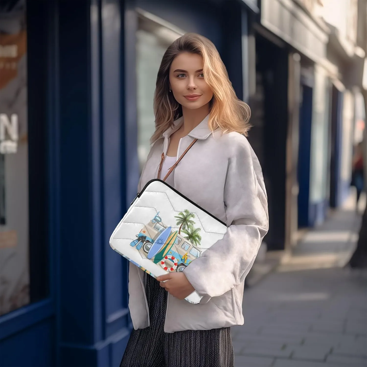 Zipper Laptop Messenger Bag, Case Sleeve Suitable for 13 in to 14 in Notebook Bag, Shoulder Strap Tablet Briefcase Print Surfing Van Trip Camper Bus Palm Tree Surfboard