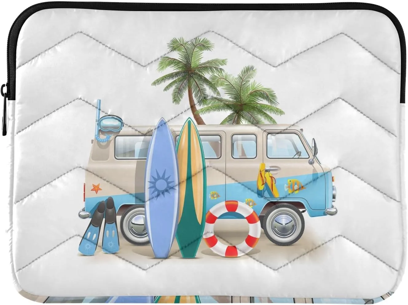 Zipper Laptop Messenger Bag, Case Sleeve Suitable for 13 in to 14 in Notebook Bag, Shoulder Strap Tablet Briefcase Print Surfing Van Trip Camper Bus Palm Tree Surfboard