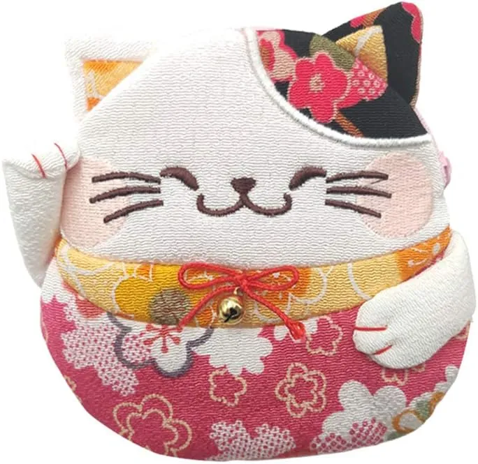 Zipper Maneki Neko lucky cat coin purse- Chirimen Kimono Print Style kawaii Cat Coin Wallet Holder for Coin Money Credit cards (Red)