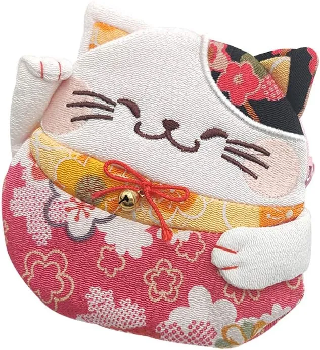Zipper Maneki Neko lucky cat coin purse- Chirimen Kimono Print Style kawaii Cat Coin Wallet Holder for Coin Money Credit cards (Red)