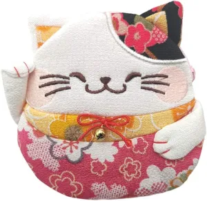 Zipper Maneki Neko lucky cat coin purse- Chirimen Kimono Print Style kawaii Cat Coin Wallet Holder for Coin Money Credit cards (Red)
