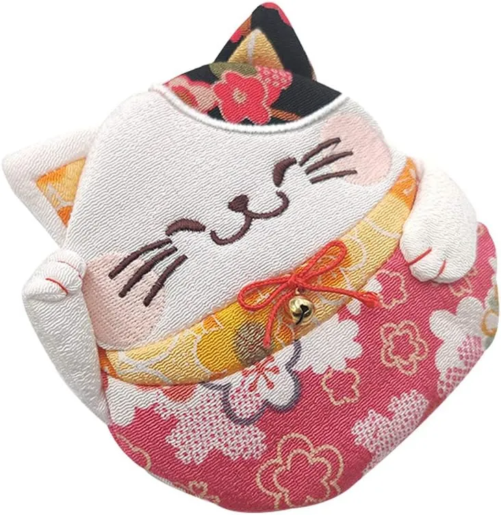 Zipper Maneki Neko lucky cat coin purse- Chirimen Kimono Print Style kawaii Cat Coin Wallet Holder for Coin Money Credit cards (Red)