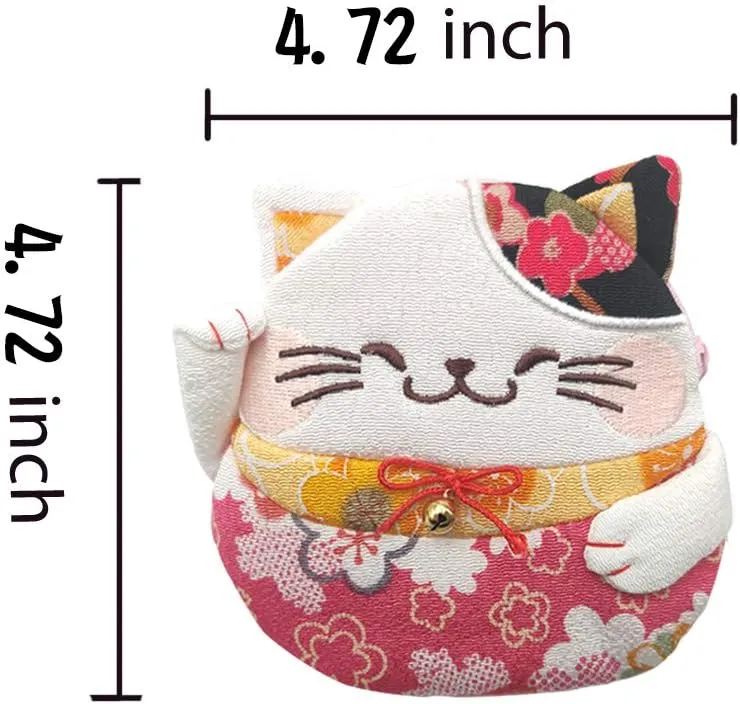 Zipper Maneki Neko lucky cat coin purse- Chirimen Kimono Print Style kawaii Cat Coin Wallet Holder for Coin Money Credit cards (Red)