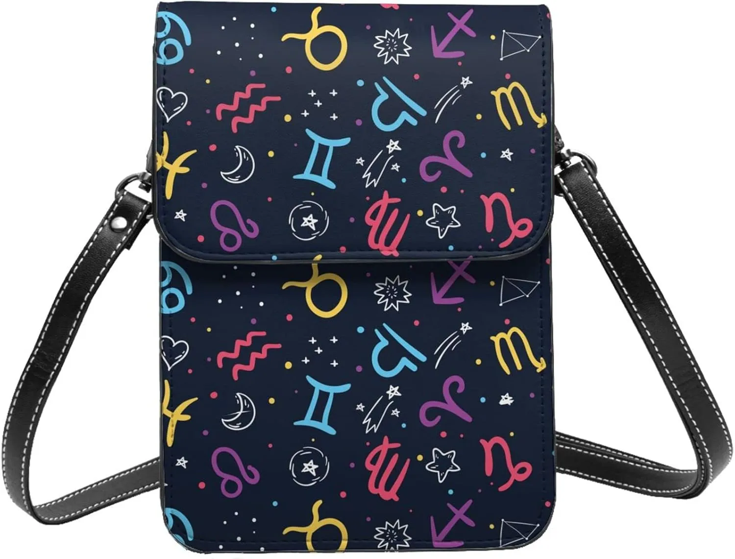 Zodiac pattern star symbol black Crossbody Cell Phone Purse for Women Girls Leather Mini Cross Body Bags Small Shoulder Bags